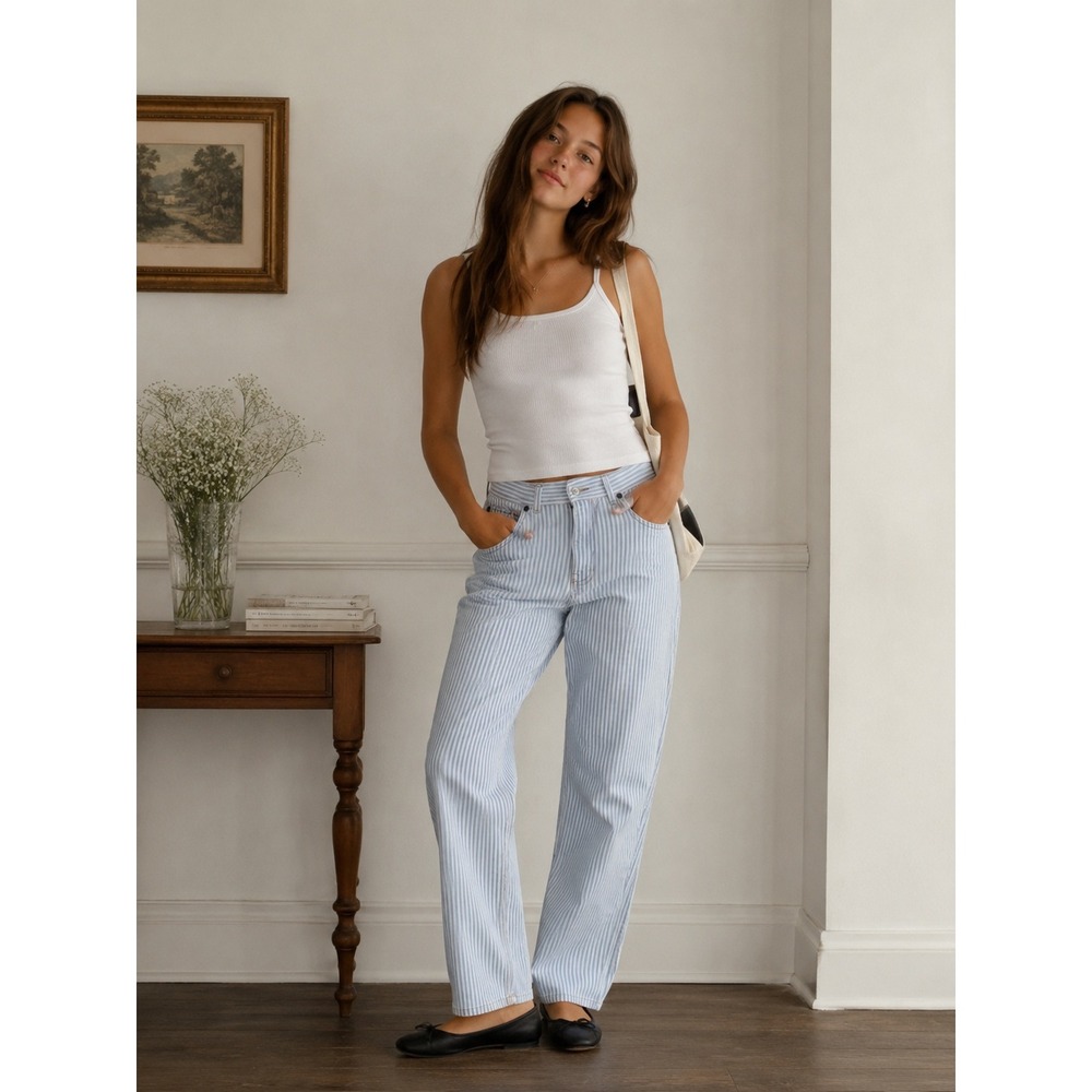 Levi's 900 Series Silver Tab 80s Vintage Straight Leg Blue White Railroad Stripe